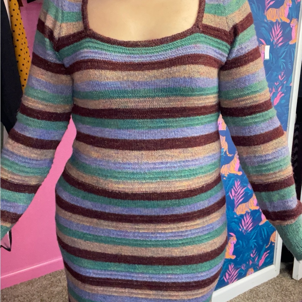 Striped Knit Midi Dress Square Neck Long Sleeve Bodycon